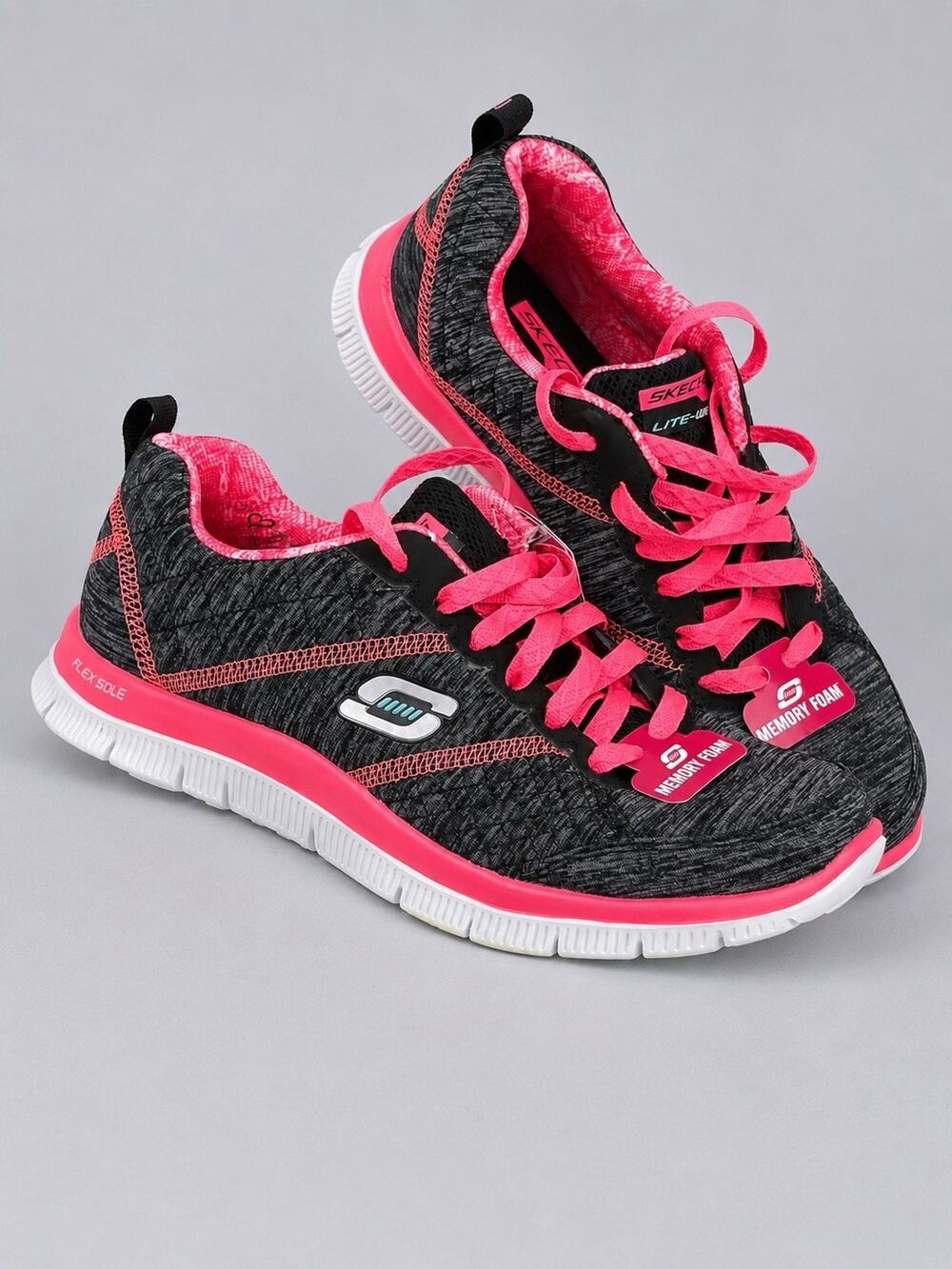 Skechers Flex Appeal Pretty City Women US 6.5 Black Hot Pink Memory Foam 12074